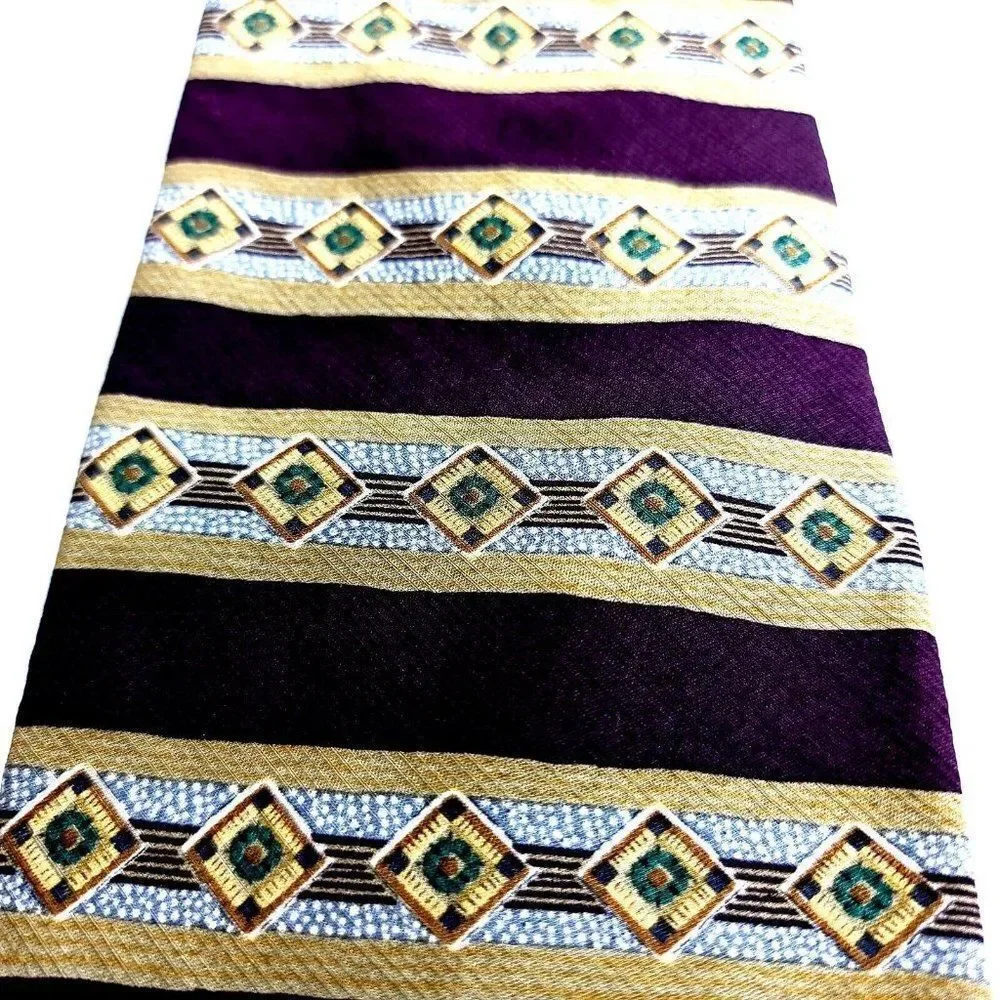 Kenneth Cole Maroon‎ Tan Abstract Striped Print Wide Silk Tie